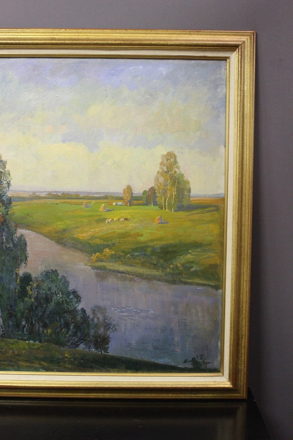 Importante Olio Su Tela Paesaggio Al Fiume Scuola Russa XX