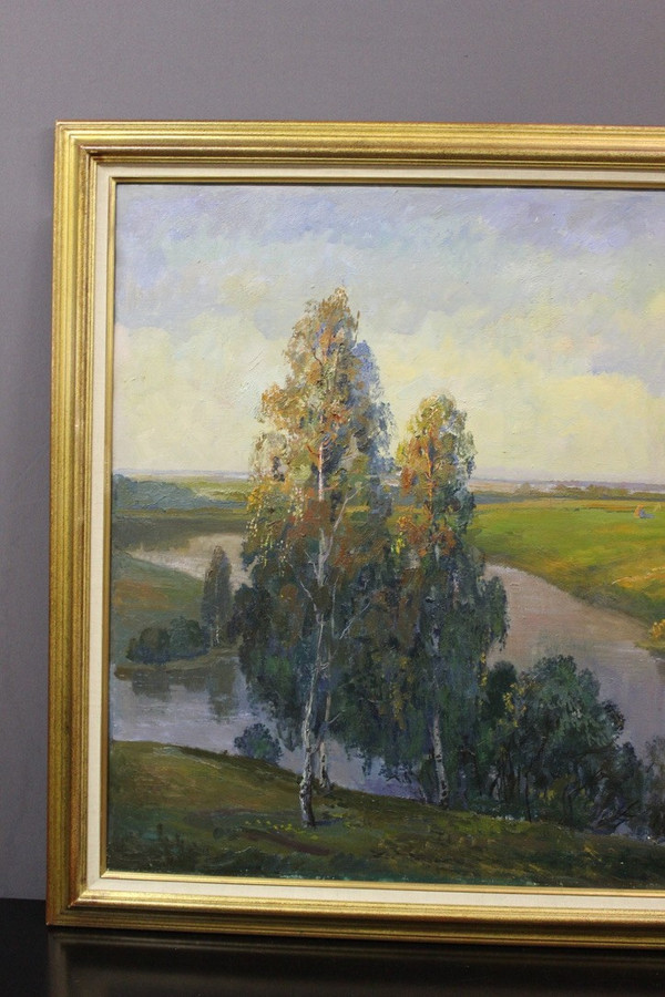 Importante Olio Su Tela Paesaggio Al Fiume Scuola Russa XX