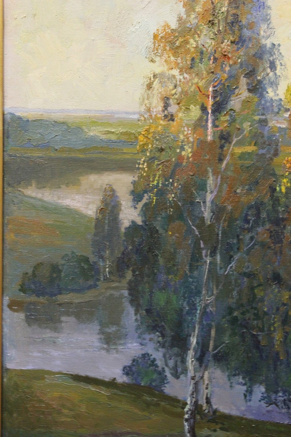 Importante Olio Su Tela Paesaggio Al Fiume Scuola Russa XX