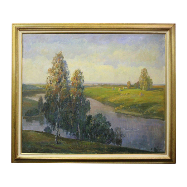Importante Olio Su Tela Paesaggio Al Fiume Scuola Russa XX
