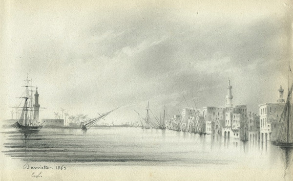 Egypt, view of Damietta, Nile Delta - Old orientalist drawing