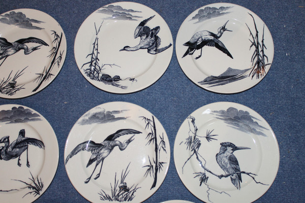 8 Lunéville earthenware plates, large birds, Keller and Guérin period, Japanese style, 19th century