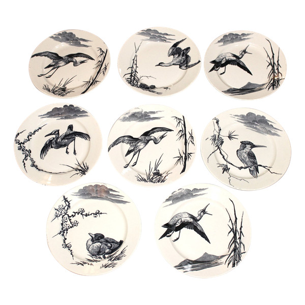8 Lunéville earthenware plates, large birds, Keller and Guérin period, Japanese style, 19th century