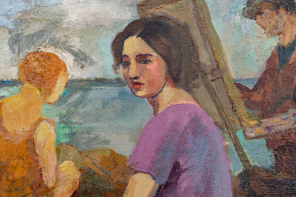 Oil on canvas signature to identify beach scene painter easel