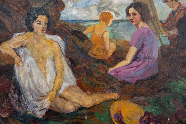 Oil on canvas signature to identify beach scene painter easel