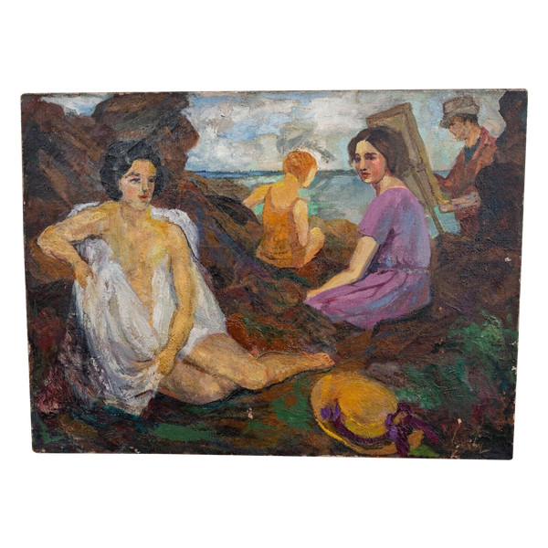Oil on canvas signature to identify beach scene painter easel