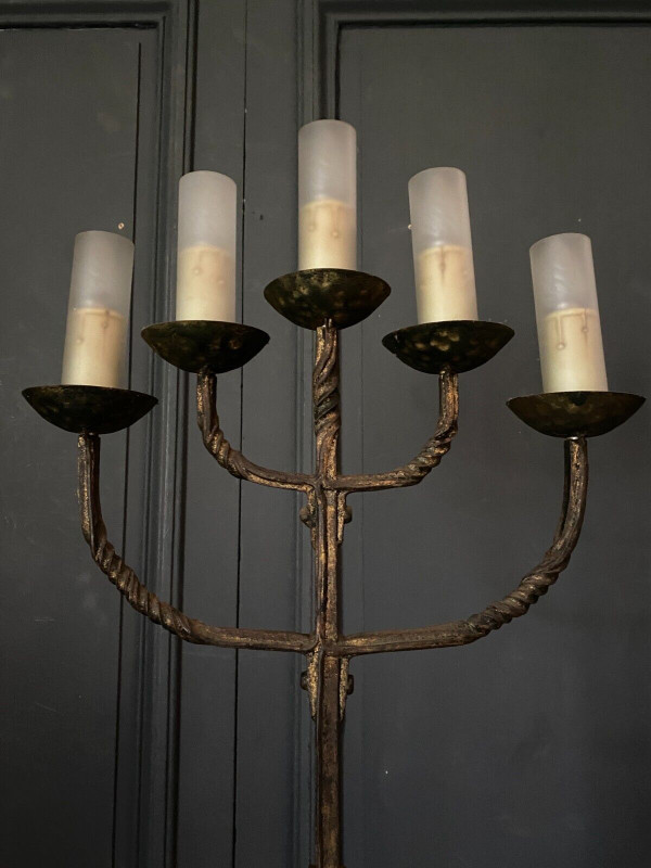 Brutalist floor lamp in gilded metal 1950 five lights