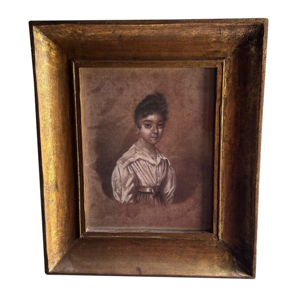 Early 19th century drawing representing a young girl in a gilded frame