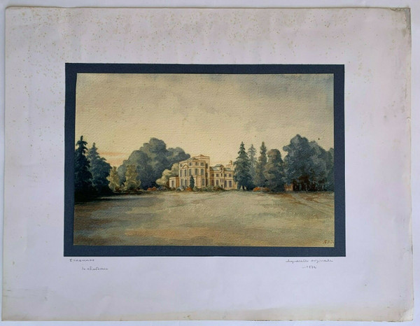 Aquarelle originale signée AF château d'Ereham 1874 V. Saulnier Normandie