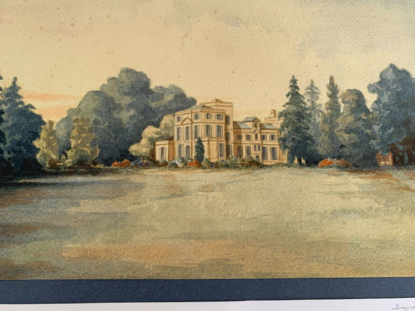 Aquarelle originale signée AF château d'Ereham 1874 V. Saulnier Normandie