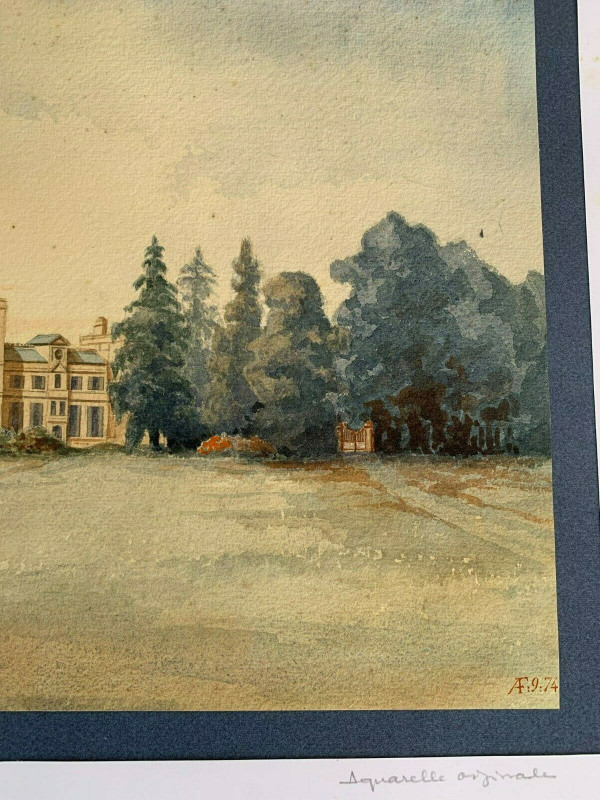 Aquarelle originale signée AF château d'Ereham 1874 V. Saulnier Normandie