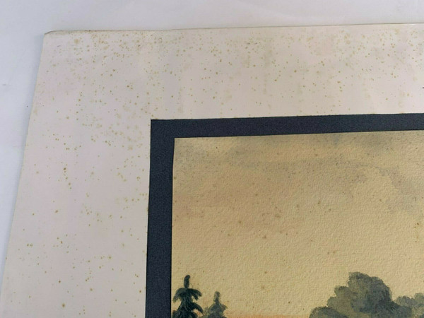 Aquarelle originale signée AF château d'Ereham 1874 V. Saulnier Normandie