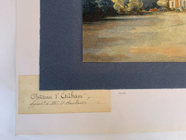 Aquarelle originale signée AF château d'Ereham 1874 V. Saulnier Normandie