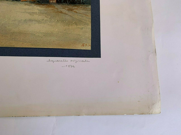 Aquarelle originale signée AF château d'Ereham 1874 V. Saulnier Normandie