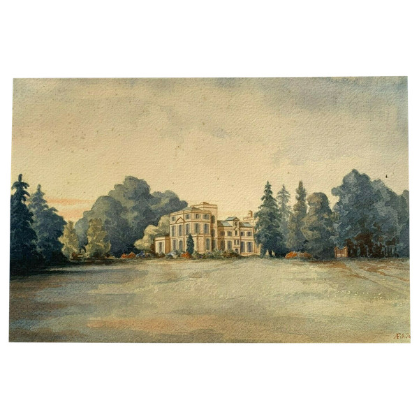 Aquarelle originale signée AF château d'Ereham 1874 V. Saulnier Normandie
