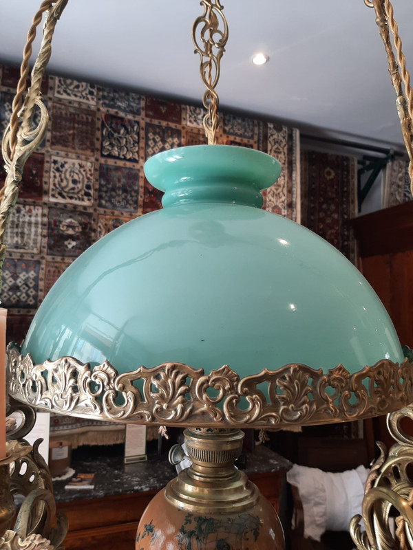 Lampadario a sospensione Matador ad olio e candele in Bronzo e Opalino Napoleone III - XIX secolo