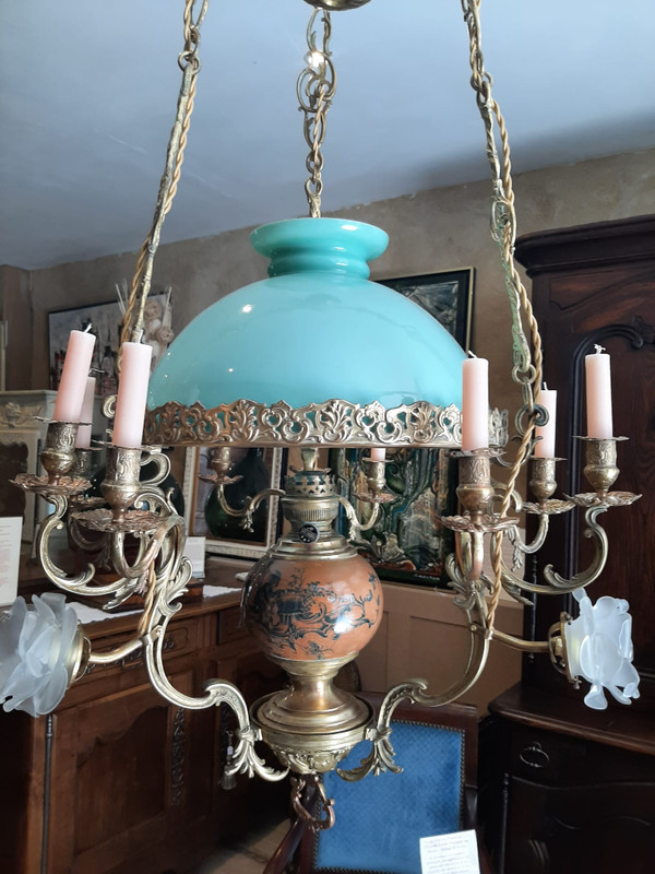 Lampadario a sospensione Matador ad olio e candele in Bronzo e Opalino Napoleone III - XIX secolo