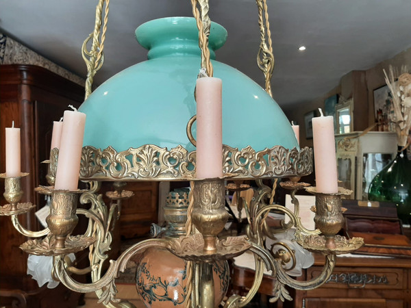 Lampadario a sospensione Matador ad olio e candele in Bronzo e Opalino Napoleone III - XIX secolo