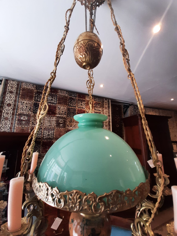 Lampadario a sospensione Matador ad olio e candele in Bronzo e Opalino Napoleone III - XIX secolo