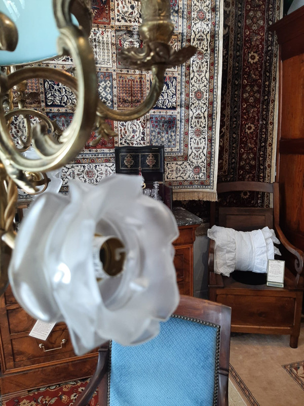 Lampadario a sospensione Matador ad olio e candele in Bronzo e Opalino Napoleone III - XIX secolo