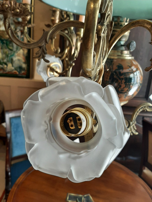 Lampadario a sospensione Matador ad olio e candele in Bronzo e Opalino Napoleone III - XIX secolo