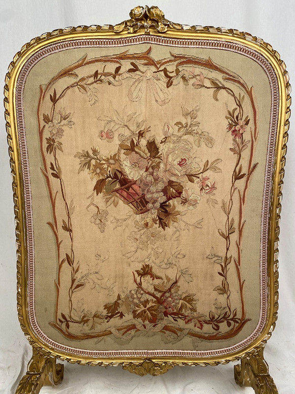 Kaminschirm aus vergoldetem Holz, mit einem Wandteppich belegt, Epoche Napoleon III.