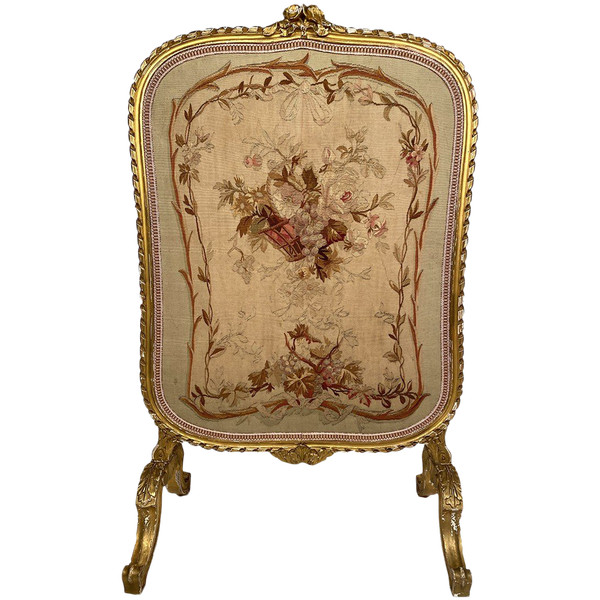 Kaminschirm aus vergoldetem Holz, mit einem Wandteppich belegt, Epoche Napoleon III.