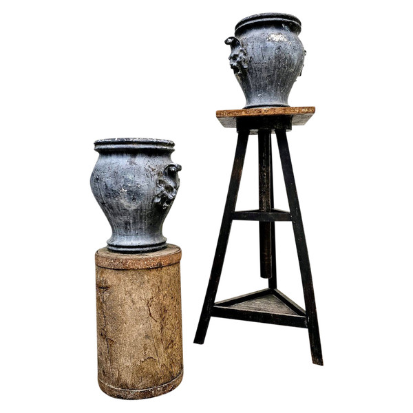 Pair of enameled cast iron Rouen vases