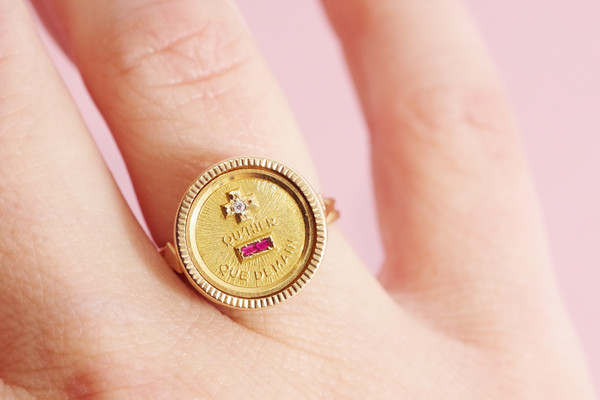 Anello d'amore Augis d'epoca in oro 18 carati, medaglia d'amore Augis, Alphonse Augis, gioielli sentimentali