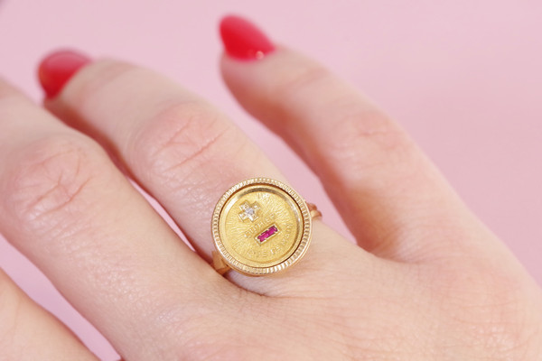 Anello d'amore Augis d'epoca in oro 18 carati, medaglia d'amore Augis, Alphonse Augis, gioielli sentimentali