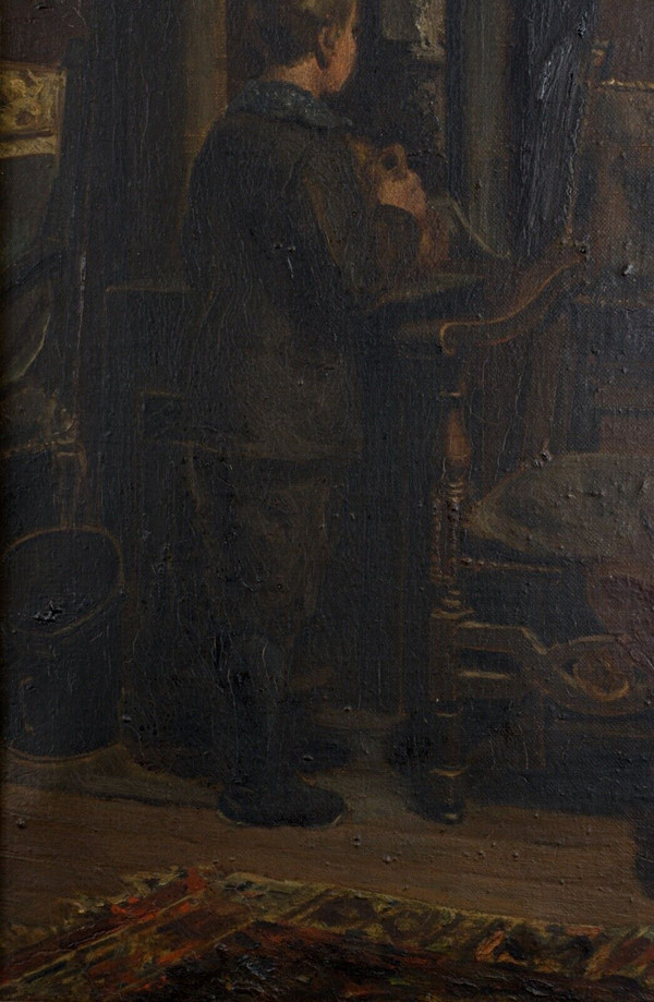 Huile sur toile par HW Cavatty jeune enfant devant un portrait XIXe