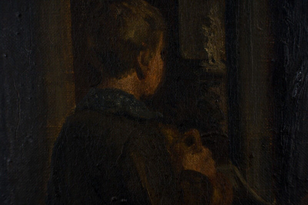 Huile sur toile par HW Cavatty jeune enfant devant un portrait XIXe
