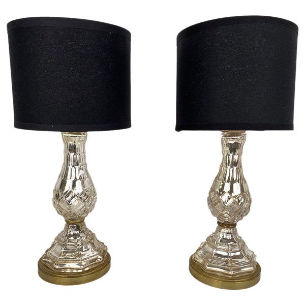 Pair of table lamps in eglomerated crystal