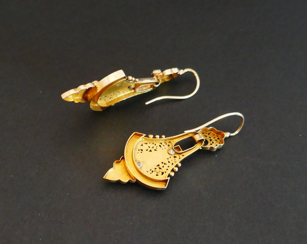 Boucles d'Oreilles Napoléon III En Or Rose, Perles Et Turquoises.