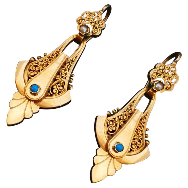 Boucles d'Oreilles Napoléon III En Or Rose, Perles Et Turquoises.