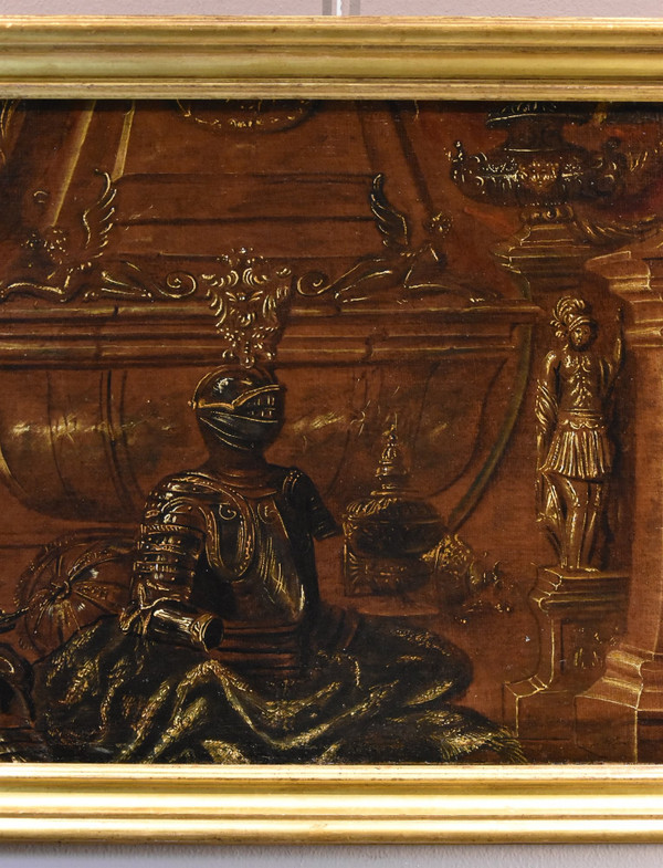 Antonio Tibaldi (Roma, 1635 c. - post 1675), Natura morta con armature, tendaggi e sculture