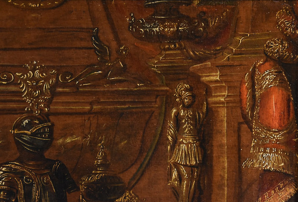 Antonio Tibaldi (Roma, 1635 c. - post 1675), Natura morta con armature, tendaggi e sculture