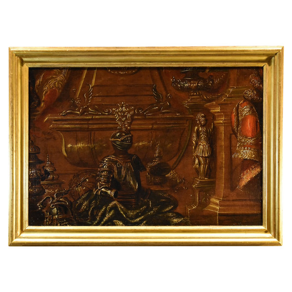 Antonio Tibaldi (Roma, 1635 c. - post 1675), Natura morta con armature, tendaggi e sculture