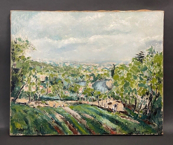 Olio su tela paesaggio contadino nei campi villaggio