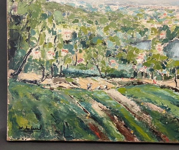 Olio su tela paesaggio contadino nei campi villaggio