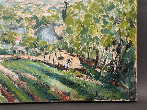 Olio su tela paesaggio contadino nei campi villaggio
