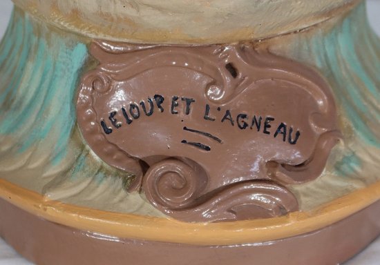  Important group in plaster " The wolf and the lamb " by F-A. Piquemal - end of XIXth century