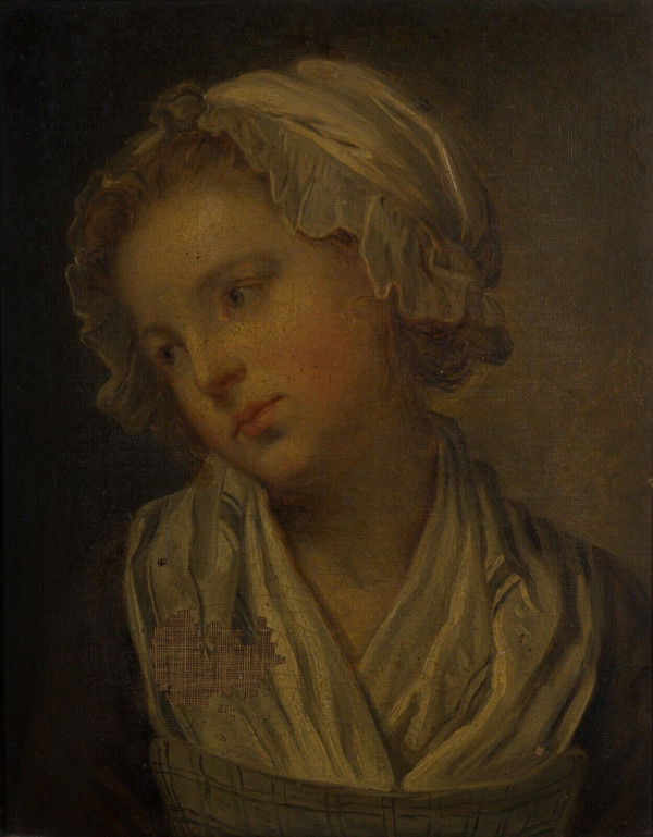 Huile sur toile portrait de jeune fille à la coiffe XIXe cadre doré