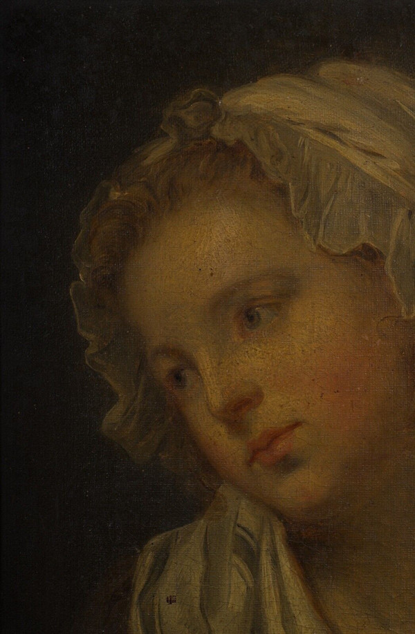 Huile sur toile portrait de jeune fille à la coiffe XIXe cadre doré