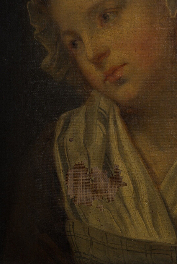 Huile sur toile portrait de jeune fille à la coiffe XIXe cadre doré