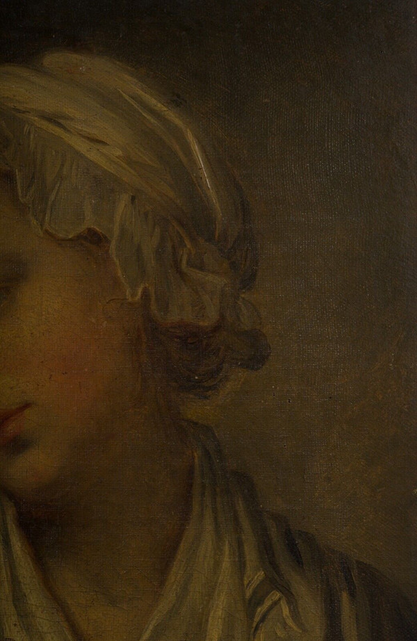 Huile sur toile portrait de jeune fille à la coiffe XIXe cadre doré