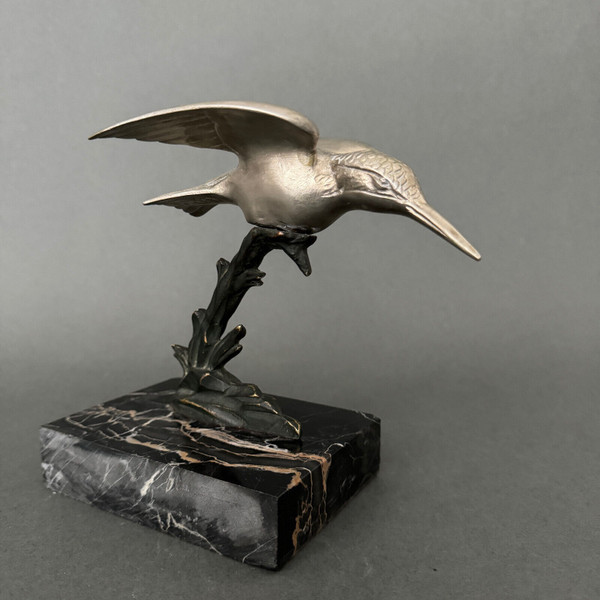1930 Art Deco scultura in bronzo argentato Kingfisher con doppia patina