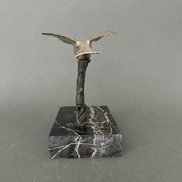 1930 Art Deco scultura in bronzo argentato Kingfisher con doppia patina
