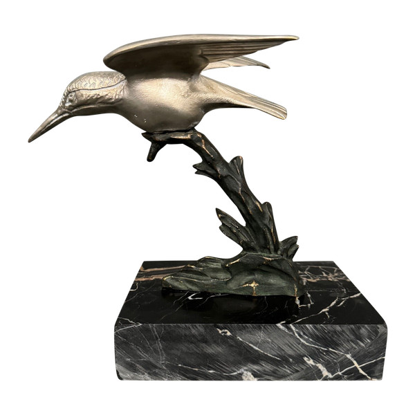 1930 Art Deco scultura in bronzo argentato Kingfisher con doppia patina