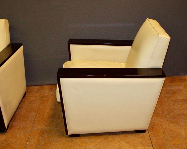 Coppia di poltrone Art Déco in palissandro e pelle beige